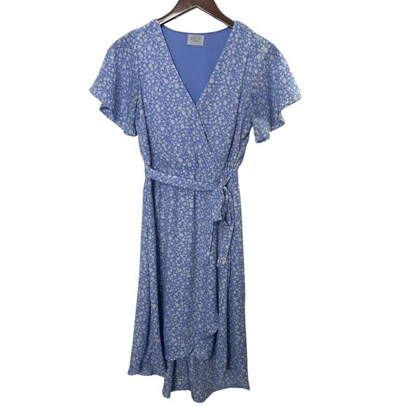 Sienna Sky Dresses & Skirts - Sienna Sky Blue & White Print Flutter Sleeve Faux Wrap Dress Women's Sz Small